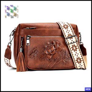 Vegan Leather Crossbody Bag Embossed Floral Design Adjustable Strap Medium Purse